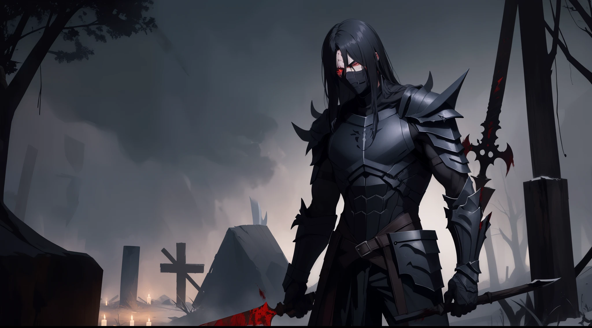 1 guy, it costs epic, in black artifice armor, black mask on the face, black long hair, athletic physique, around the candle, a woodcutter&#39;s ax depicted in detail in his hand, ax blade covered in blood, there&#39;s a spear lying nearby, Dark atmosphere, brownish soft moonlight, reflections, glare on the armor,