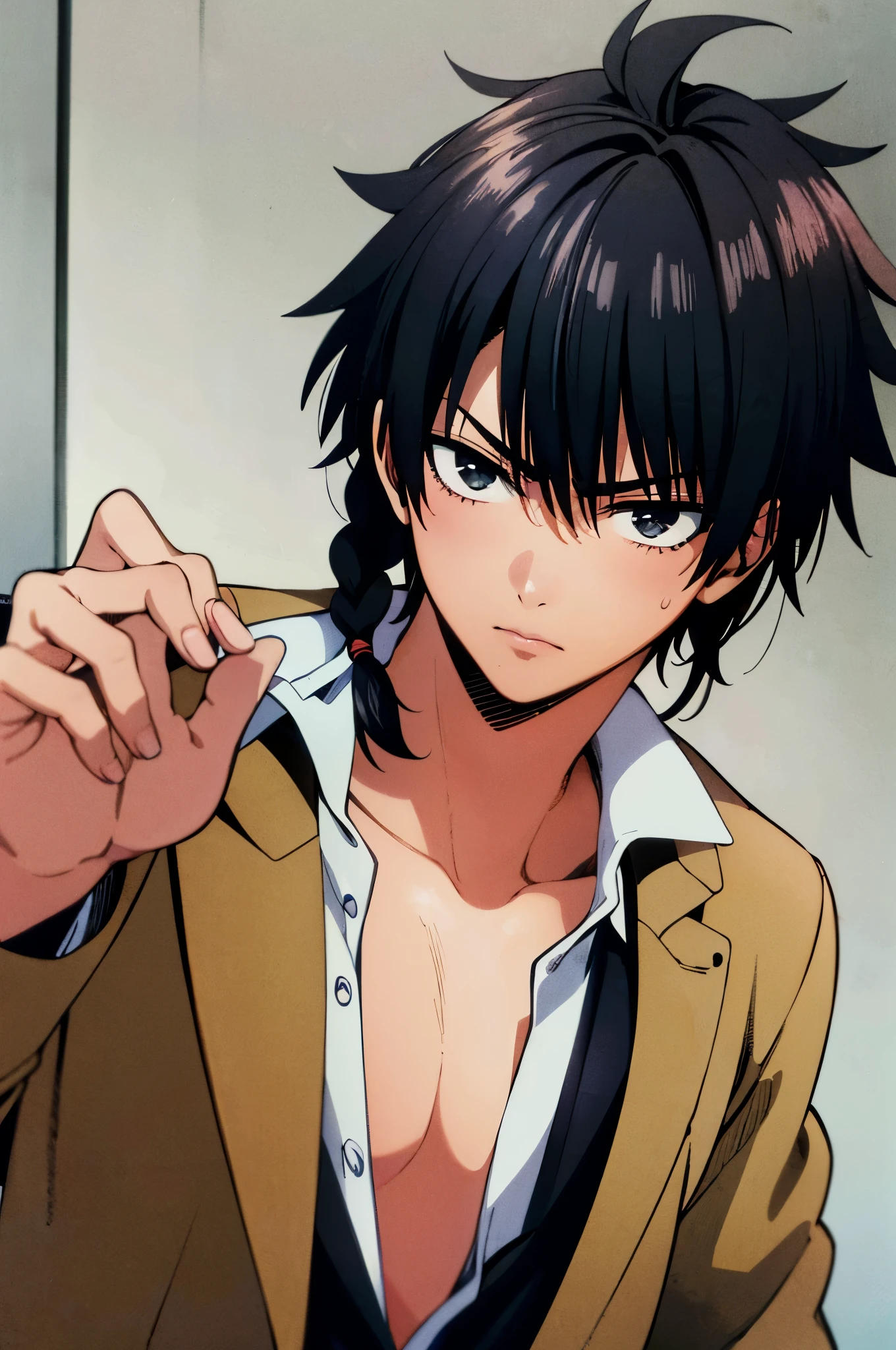 (best quality, highres), ultra-detailed, boy, manga style, rebellious, high school student, messy black hair with one tiny braid falling on the face, unbuttoned school uniform as a sign of rebellion, confident gaze