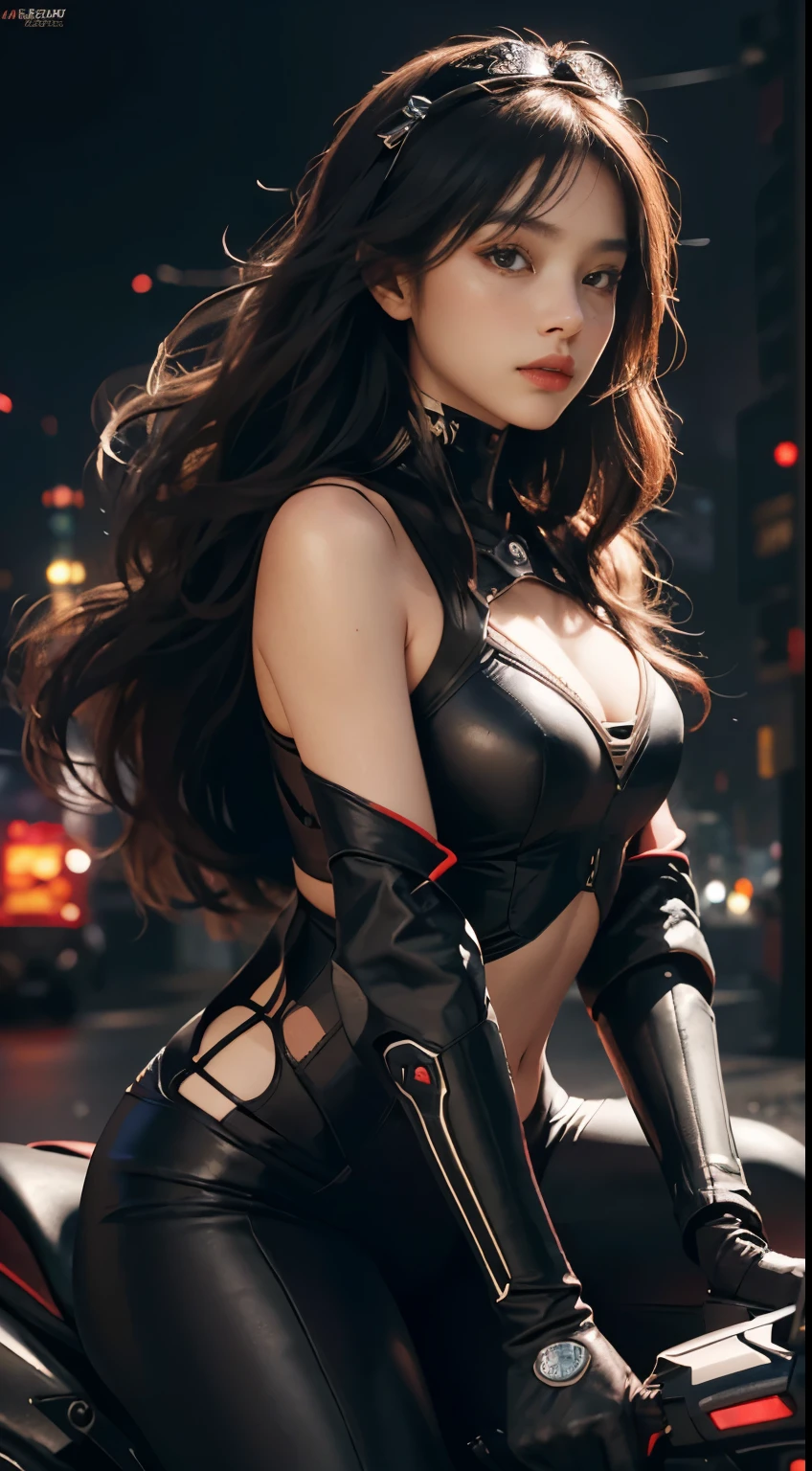 Best image quality, outstanding detail, ultra high resolution, (realism: 1.4), best illustration, prefer details, highly condensed 1girl, delicate and beautiful face, dressed in black and red mecha, big, long hair, disheveled hair, tiara, black panty, riding a motorcycle, background is a futuristic city high-tech lighting scene