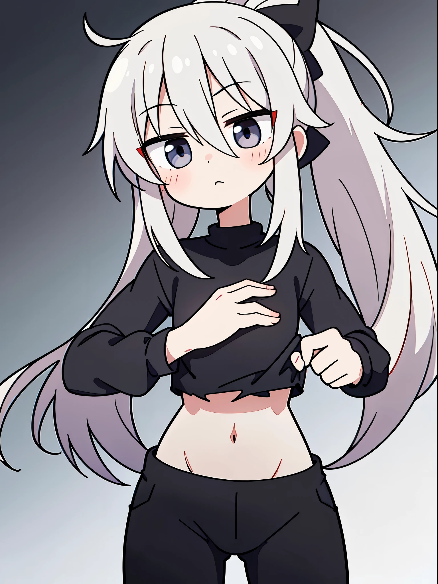 (plain eyes: 1.2), ((best quality)), anime, flat chest, childish body, girl, apathetic, emotionless, darkened eyes, flat chest, long hair, silver hair, ponytail, black eyes, black shirt, sport pants, training, standing alone, battle stance, heavily wounded, bleeding, torn clothes