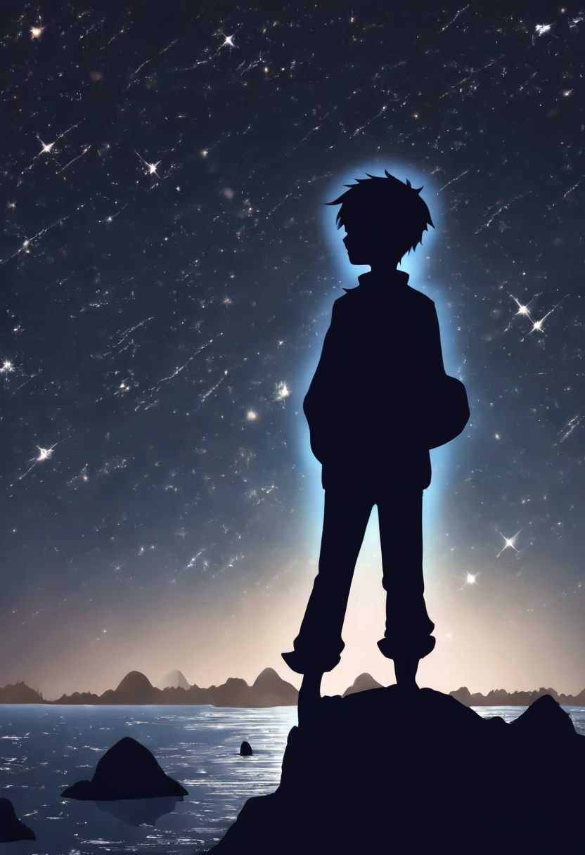 Anime boy standing on a rock looking at the sky full of stars,(Silhouette art: 1.8),