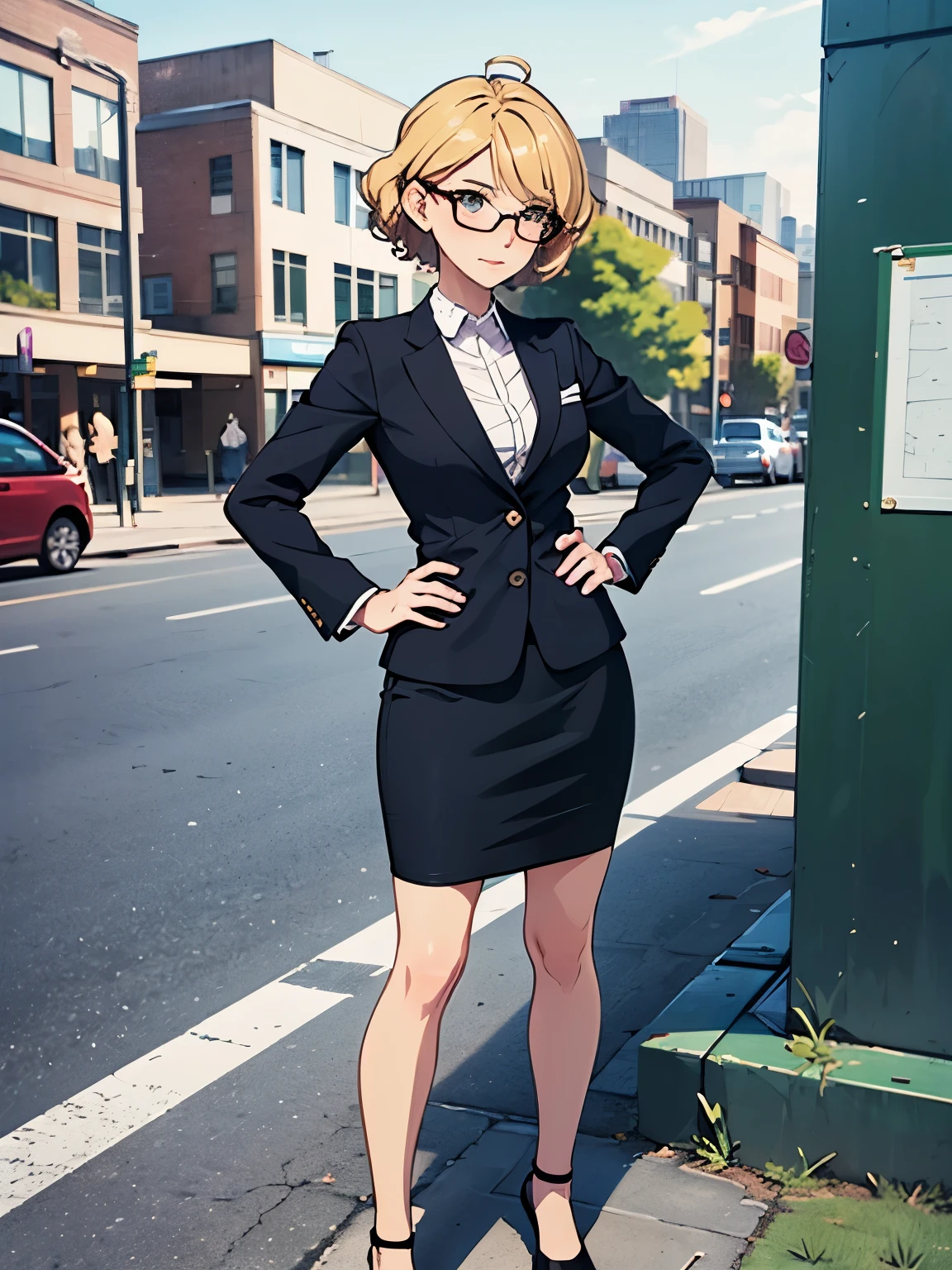 1girl, medium breasts, suit, skirt, pencil skirt, bare legs, glasses, shoes, city backdrop, solo, single, hands on hip, standing, full body shot, cowboy shot, beautiful detailed eyes, blonde hair, short hair, wavy hair, high school backdrop, outdoors, mature lady, teacher