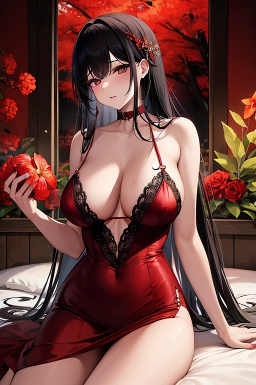 raffed woman in lingerie posing on a bed with a red rose, lingerie, very Sexy devil outfit, Red and black costume!!!, wearing Sexy lingerie, laced lingerie, black and red, enticing, fantasy outfit, black and red Silk clothing, black and red only, lingerie!!, Silk, tease, Red and black, Sexy, Sexy :8, Tumbler、surreal waiizi flowers, soft light misty, magical flowers, flowers with very long petals, a glowing flower, alien flower, beautiful image, a glowing delicate flower, staggering in its beauty,Higanbana、amaryllis、a close up of a field of Red flowers in a forest, red blooming flowers, Bright but gloomy red, glimpse of red, Red flowers, very red colors, Red Forest, Bright red, Bright red colors, Red flowers of different types, Bright red and green colours, in a red dream world, Red magic surrounds her, Red irises、 Japanese houses, Stunning light reflection, traditional japanese colors, Gorgeous composition, magical colors and atmosphere, A dark-haired、Black hair、A dark-haired姫カット、A dark-hairedロング、hair adornments、hairpin、Flowers in the hair、Flowers in the hairびら、Best Beauties、Awesome、well-styled、exquisite style、dual、Black eyes、Seductive eyes、full bodyesbian、s ass、teats、pink areolae、clitoris、strands、strands間