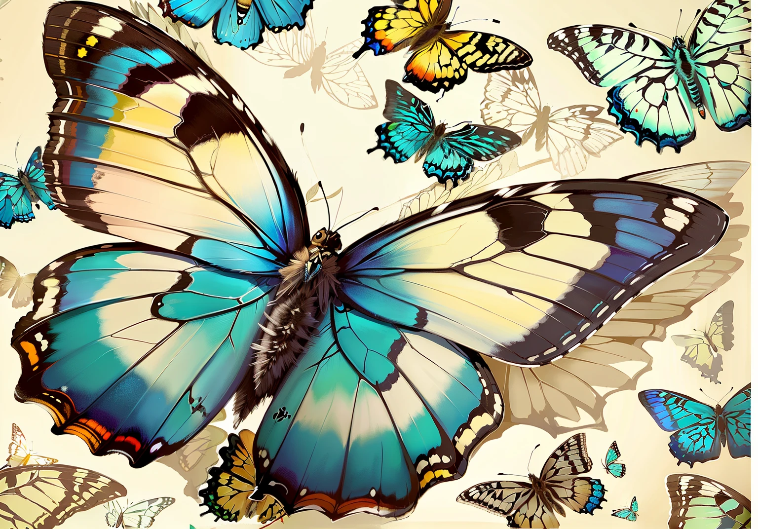 butterflys are flying around a white surface with a blue butterflys, butterflys, butterflys, harmony of butterflys, butterflys and worms, butterflys flying, butterflys floating in the sky, butterflys and birds, butterflys pop art, Very detailed vector art, butterflys wings, beautiful art, butterflys in the foreground, extremely high quality artwork, high quality colorful sketch, User photo, beautiful artwork