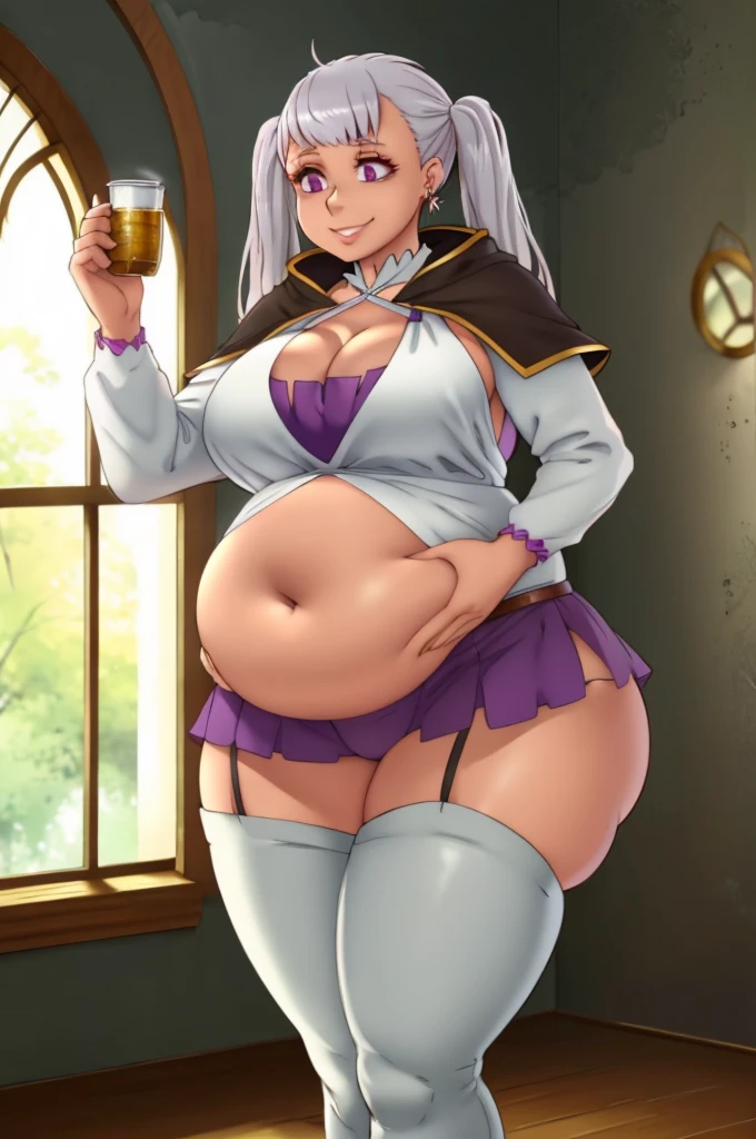 art by kipteitei, 1girl, cowboy shot, beautiful noelle_silva,long hair ,twintails, bangs, earring,jewelry, silver hair,purple eyes, mage_dress,white dress, cleavage, capelet,long sleeves, water, medium breast ,smile,room,indoors, front light, volumetric lighting, best quality, masterpiece, intricate details, tonemapping, sharp focus, hyper detailed, trending on Artstation, large breasts, large belly, thick thighs, chubby (best quality, masterpiece)