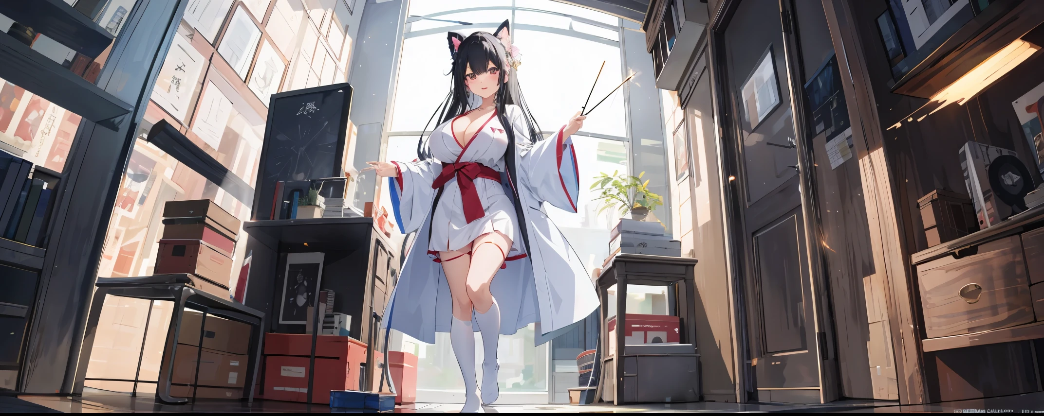 anime girl with a very large breast and a very long black hair, nime girl, by Shitao, Best Anime 4K、((omatsuri))、sparklers、((Temples))、(bathrobe)、(a miniskirt)、thigh-high socks、((((Fantastical))))