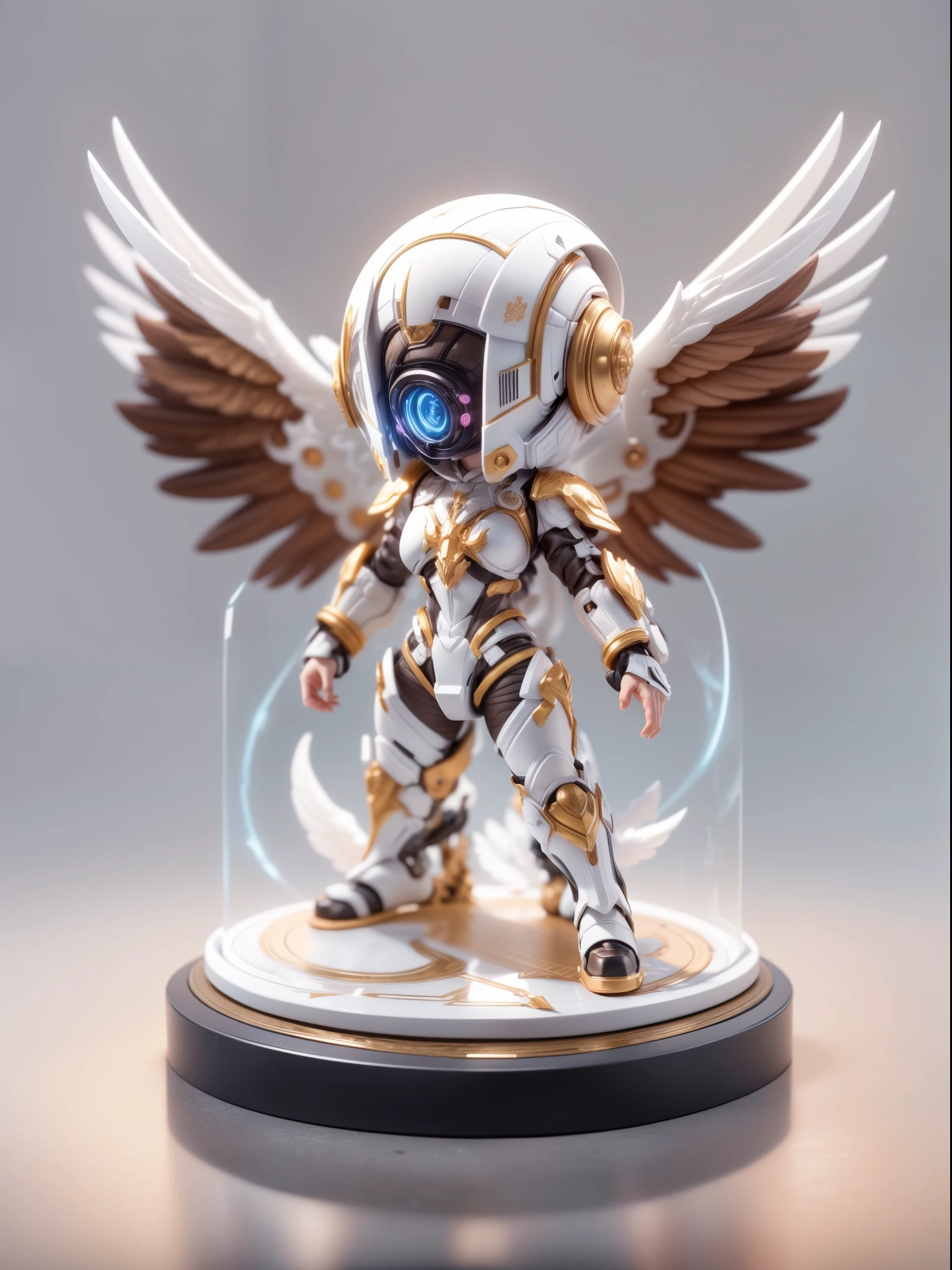 (Blind box toy style:1.2), (Full body shot) , 1 Mechanical Angel ,anatomy correct,white transparent plastic winglack-transparent armor, hooding:1.2, Solo,(circular base:1.2), cyberpunk style, dreamy glow, Clean, Brown undertone, Battle damage style:1.2,white transparent style ( Clean background,Global illumination, Ray traching, hdr, unreal render,reasonable design, high detal, Masterpiece, Best quality, hyper HD, Cinematic lighting)