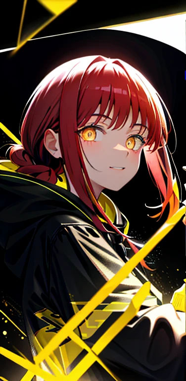 Detailed background, Masterpiece, Top Quality, Smile, ornament, hoodie, Portrait, Yellow neon, graffiti, Dark, night time, glowing eyes, blacklight,red hair, hairlong, braided, Golden eyes Coming soon