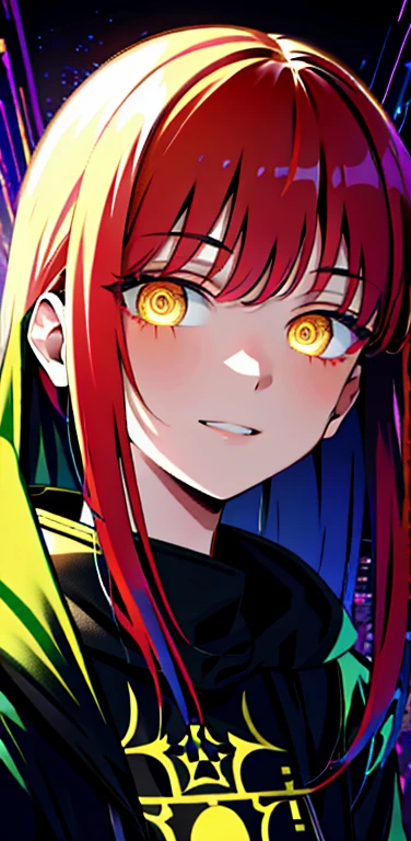 Detailed background, Masterpiece, Top Quality, Smile, ornament, hoodie, Portrait, Yellow neon, graffiti, Dark, night time, glowing eyes, blacklight,red hair, hairlong, braided, Golden eyes Coming soon