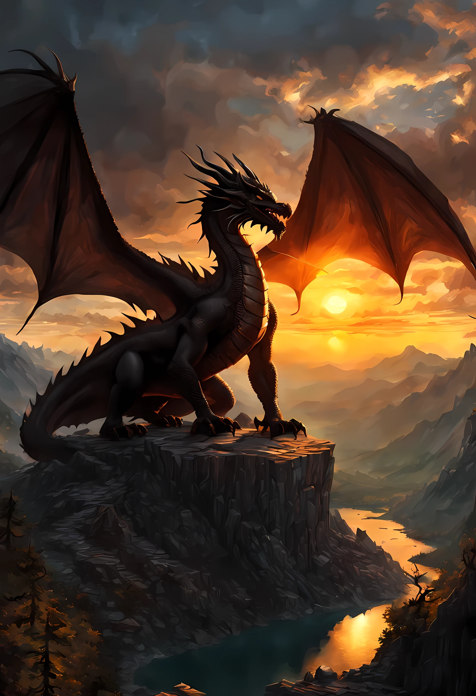 antasy art, dnd art, RPG art, wide shot, (masterpiece: 1.4) a silhouette of a dragon that spread his wings on top of a mountain as the sun rises behind him. reflection light, high details, best quality, 16k, [ultra detailed], masterpiece, best quality, (extremely detailed), the sun (cast a shadow behind the dragon: 1.5), sun rays, clouds, ultra wide shot, photorealistic, RAW, fantasy art, dnd art, fantasy art, realistic ar