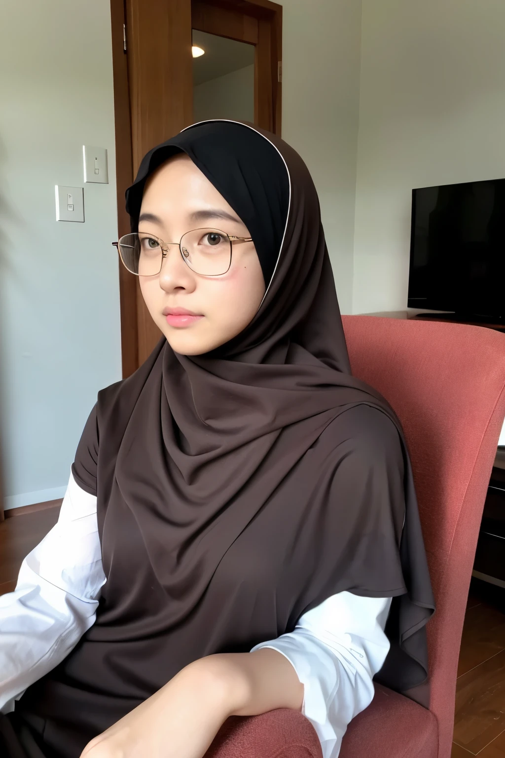 A malay girl, wear hijab, glassess, sitting on chair at home, sulky face
