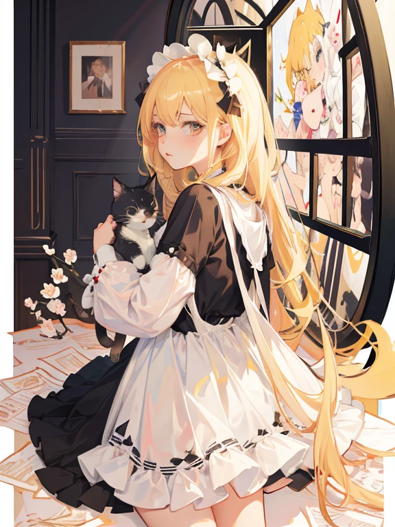 Little blonde in the image of Lolita.,Holding a black tsundere kitten,Flower frame,Decorative panels,Abstract art,Alphonse Muchi(tmasterpiece,HighestQuali,hight resolution:1.4),detailed,Complicated details,4k,color splatter,line art,Fibonacci,