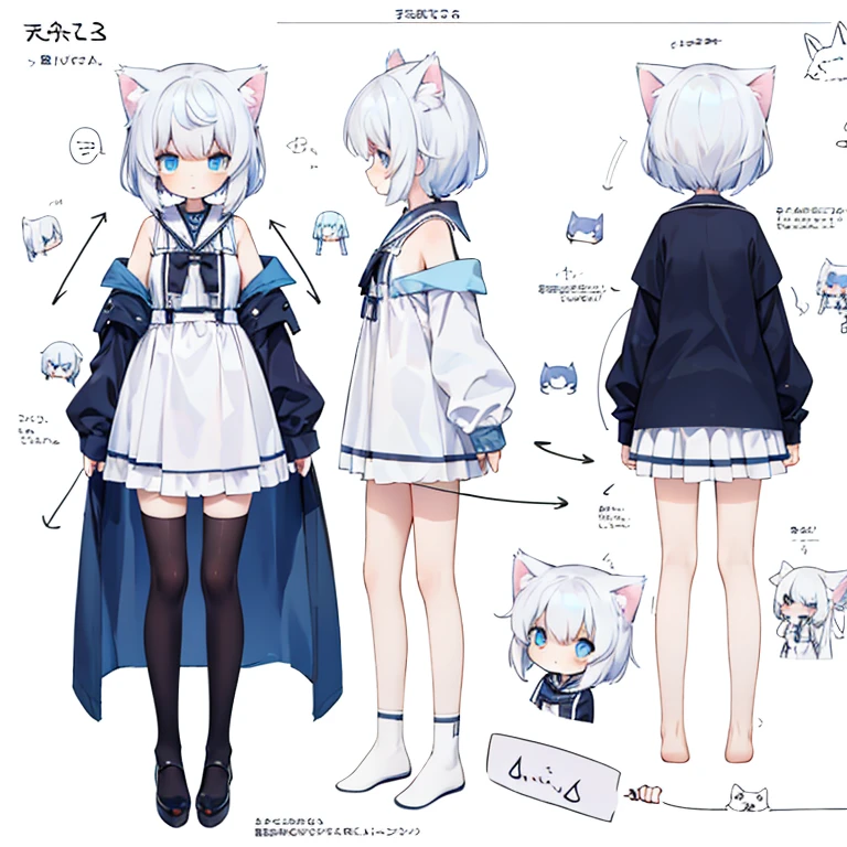 Full-body diagram，normal，1 very cute  girl with cat ears，white hair，light blue eyes