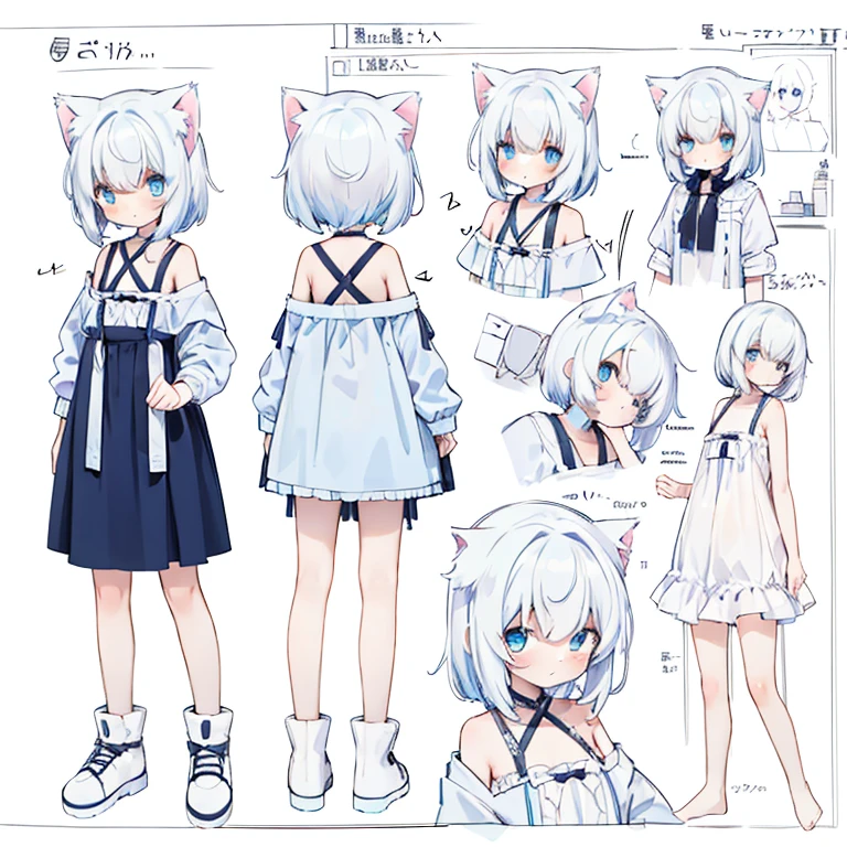 Full-body diagram，normal，1 very cute  girl with cat ears，white hair，light blue eyes