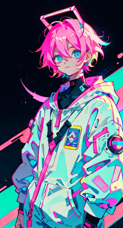 Anime boy, Wearing an astronaut costume, neon pink and blue colors, Scars, Stickers, Whole frame neon style