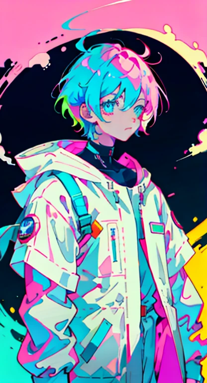 Anime boy, Wearing an astronaut costume, neon pink and blue colors, Scars, Stickers, Whole frame neon style