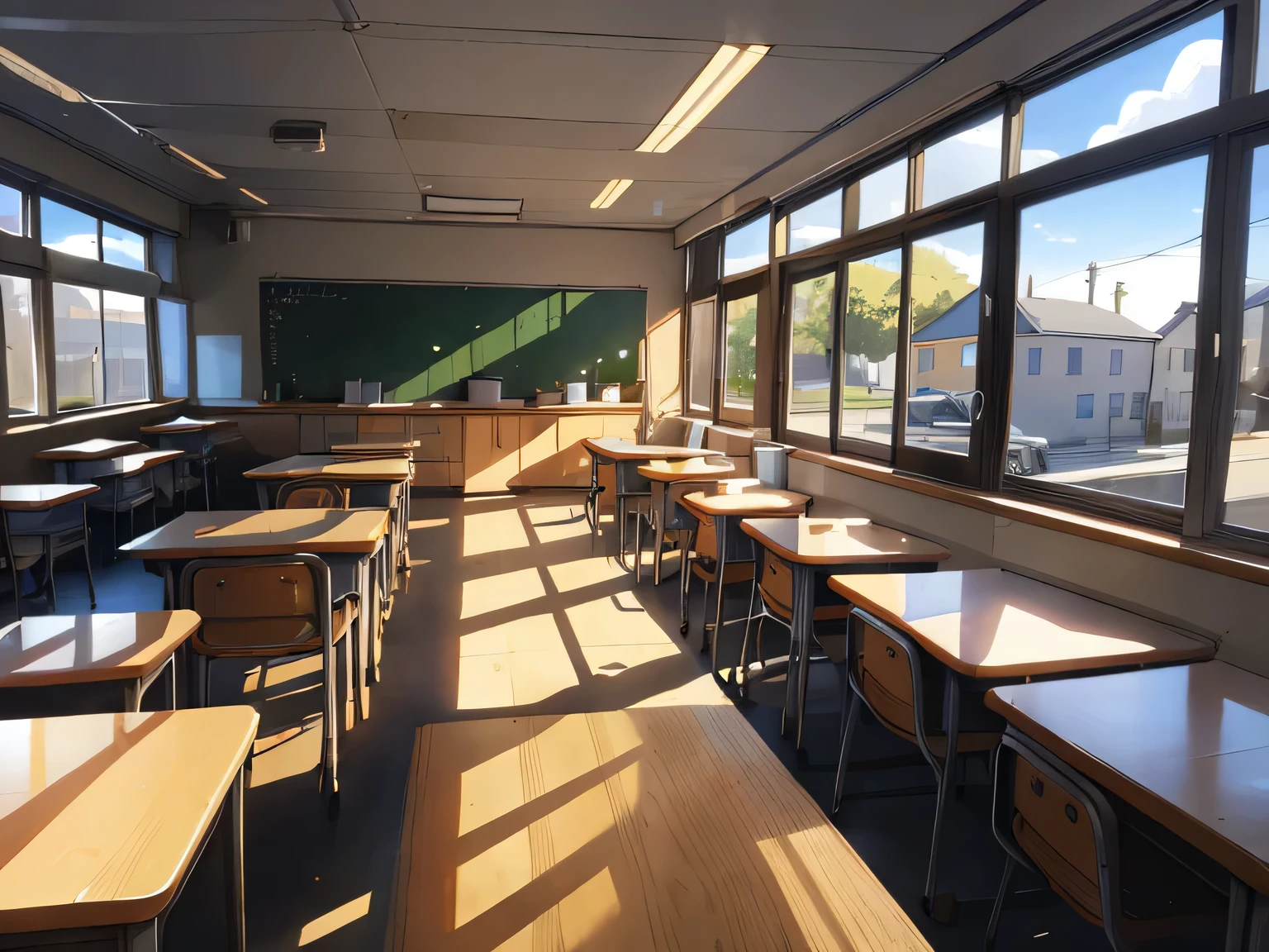 Immersive depiction of a classroom under majestic lighting, Shot in a realistic style. Lighting creates a soft atmosphere in school classrooms, natural lightting, Highlight the intricate details of the space. The scene is meticulously rendered in high resolution, Showcase various aspects of the classroom, From the texture of the wooden table to the reflection on the window. The wide-angle view captures the width of the room, Rows of neatly arranged tables, The blackboard is full of equations, Sunlight shines through the open window. Attention to detail creates a sense of reality, Photorealistic style brings scenes to life,with a touch of realism. taken by camera, using a wide angle lens, Make sure every corner of the classroom is visible, Invite viewers to explore the environment,There are many classmates behind me