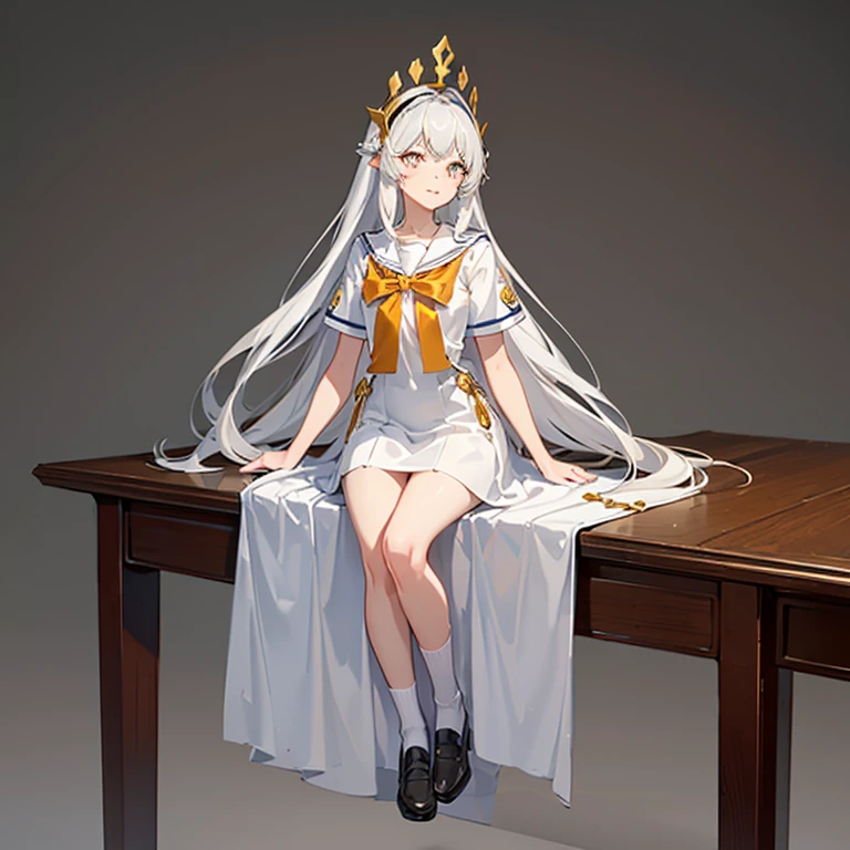 ((((gray Background,)))),Polka_PT, Background, full - body, white school uniform, frontal view, side glance, Rear view, golden eyes, glowing pupils, Delicate headdress, Long straight white hair, band, Jewelry, slight smile, dress evenly, (Look-up table), UHD, ccurate, super detaill, Award-winning, high detail, Best Quality, 8K