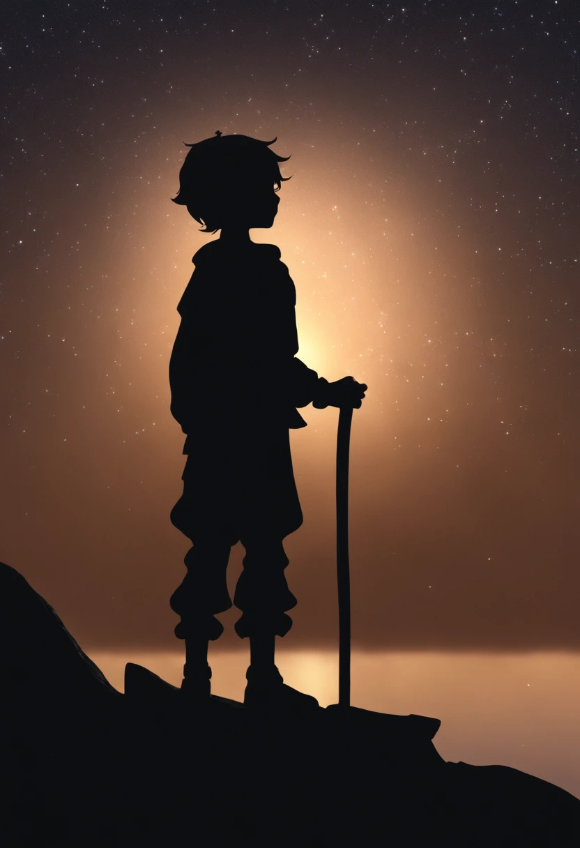 (Silhouette art: 1.8), (Anatomically correct), (Anime boy standing on a rock looking at the sky full of stars), (The is very detailed, Well designed, Clear lines, k hd, Best quality at best, tmasterpiece, offcial art, movie light effect, 8K)