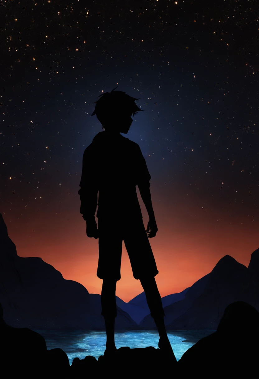 (Silhouette art: 1.8), (Anatomically correct), (Anime boy standing on a rock looking at the sky full of stars), (The is very detailed, Well designed, Clear lines, k hd, Best quality at best, tmasterpiece, offcial art, movie light effect, 8K)