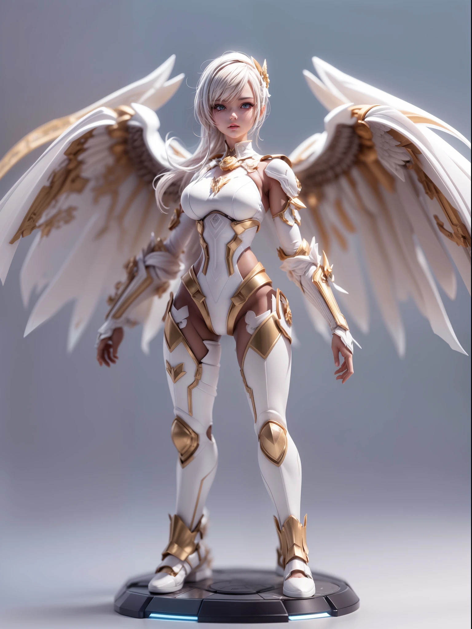 (Blind box toy style:1.2), (Full body shot) , 1 Mechanical Angel ,anatomy correct,white transparent plastic winglack-transparent armor, hooding:1.2, Solo,(circular base:1.2), cyberpunk style, dreamy glow, Clean, Brown undertone, Battle damage style:1.2,white transparent style ( Clean background,Global illumination, Ray traching, hdr, unreal render,reasonable design, high detal, Masterpiece, Best quality, hyper HD, Cinematic lighting)