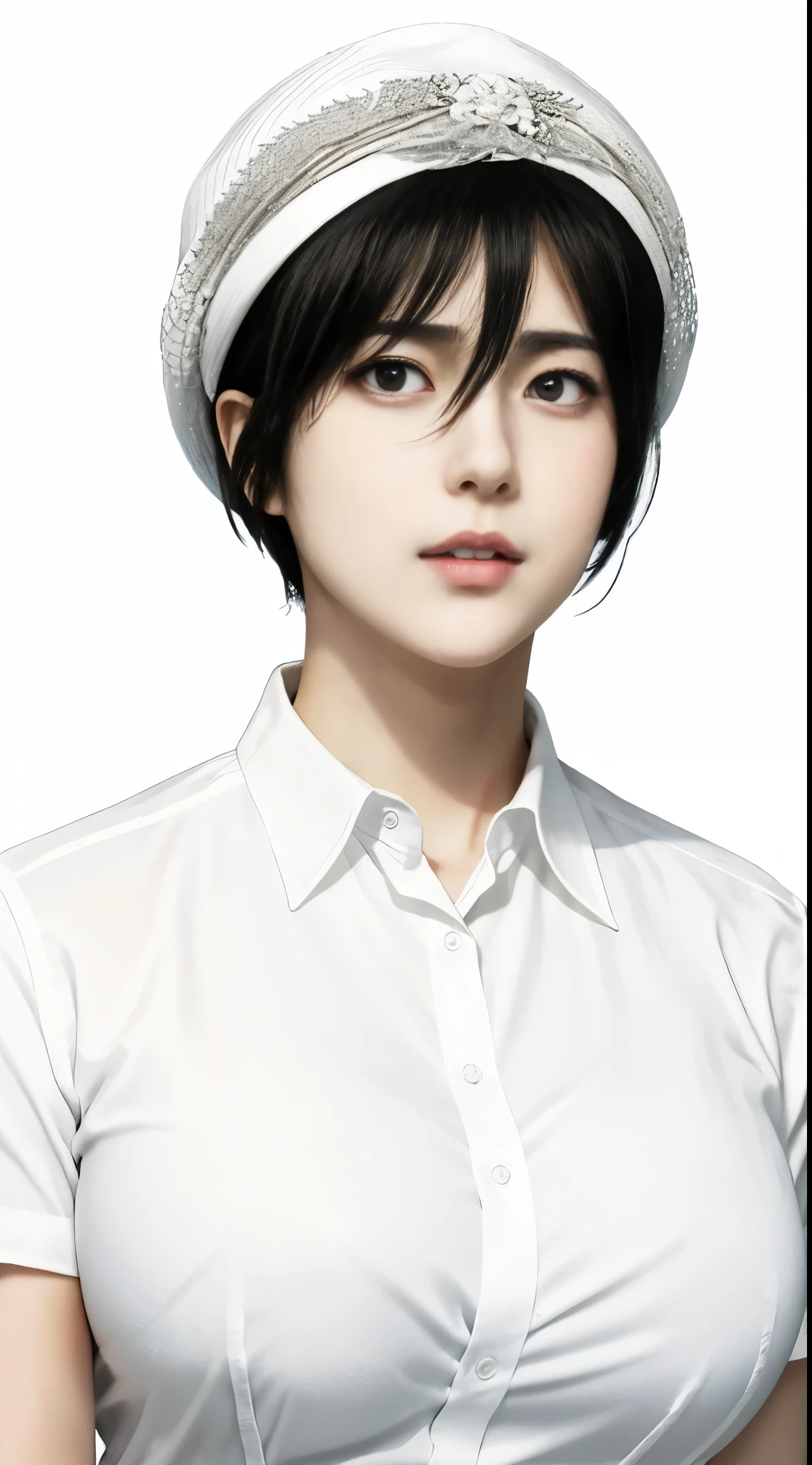 Mikasa Ackerman Mikasa Ackerman | Attack on Titan | Mappa, large breasts, white background ,white headwear, collared shirt, white shirt, expressive eyes, innocent happy look,red lips, seductive ,(Beautiful,large_Breasts:1.4)