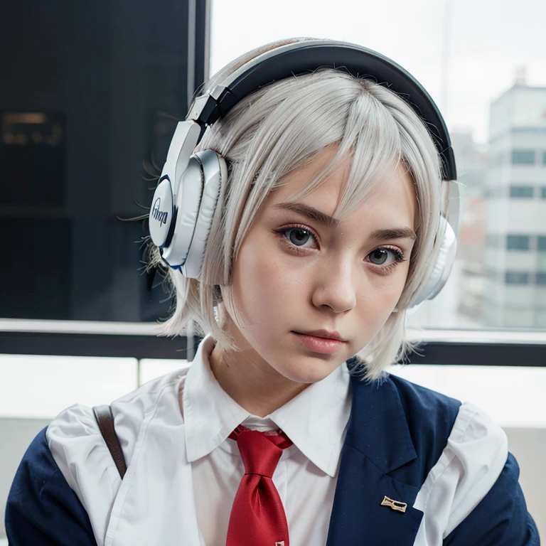 Anime style, Anime girl, short white hair. Headphones, in blue Highschool outfit, red long tie, stare in her face