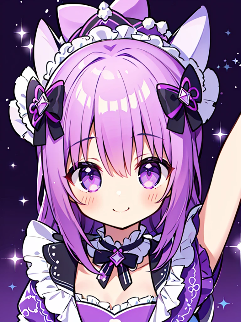 ​masterpiece, top-quality, 1girl in, shorth hair, , Purple hair、Purple eyes、Idol、cute purple dress、ハート型のkirakiraした目、Cute poses、a smile that charms you、kirakira.