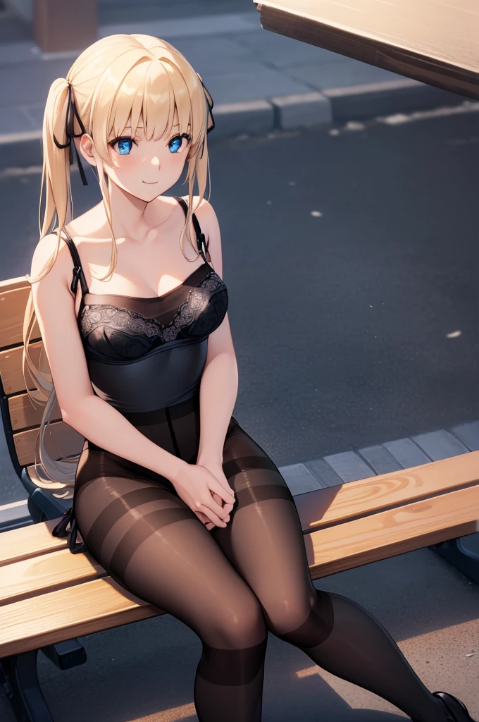 eririspencer, eriri sawamura spencer, blonde hair, blue eyes, blunt bangs, hair ribbon, hime cut, long hair, twintails, full body, full pose, ((medium BREASTS)), ((wide smile)), Grimace, ((sitting on bench:1.4)), ((black lingerie:1.4)), ((black pantyhose:1.4)), ((looking at viever)), ((playground background)), BREAK (masterpiece:1.2), best quality, high resolution, unity 8k wallpaper, (illustration:0.8), (beautiful detailed eyes:1.6), extremely detailed face, perfect lighting, extremely detailed CG, (perfect hands, perfect anatomy), ((view from down:1.4))