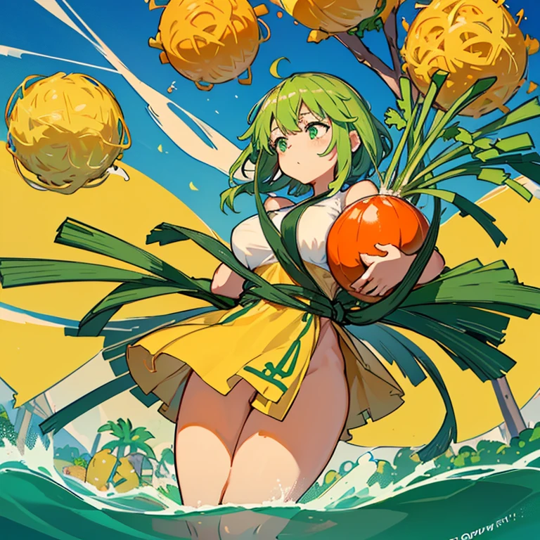 A mustard girl floats with a procession of large spring roll balls.、Amazing dynamism、Amazing Angle、unstable buoyancy sandstorm、(((Many friendly oversized green onions floating and branching out)))、(((surround each other'The rupture of the)))