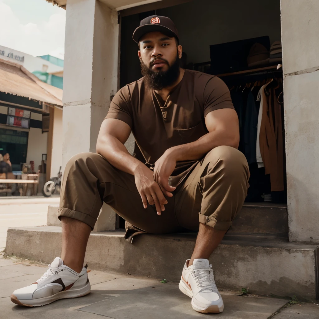 Realistic big malay light skin men with big beard wearing hat. Wearing brown shirt facing forward crossed hand. Selling shoes.