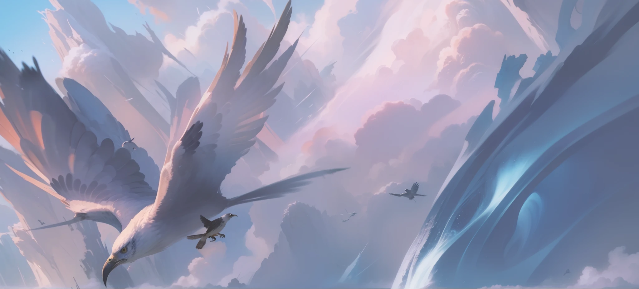 The bird，hawk，mont，wonderland，​​cloudsmist，​​clouds，mist，Chinese Ancient Times，the Tang Dynasty，tmasterpiece，steins，pools of water，cultivating immortals，metals，32K ，（tmasterpiece，quality，最好的quality，offcial art），（8K，最好的quality，tmasterpiece：1.2），（（（white backgrounid，）））（/Baoxiang），like a dream，fantasy，