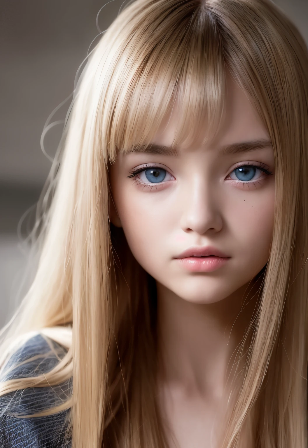 Night, RAW photography, (((Portrait of extreme beauty))), (Ultimate beauty portrait))), 1 girl, 14 years old pretty girl in Prague, (blonde hair with natural bright luster)), [Blue eyes], shiny glossy skin, silky fine hair, straight long hair, eyeliner, long bangs, hair between eyes, fluttering hair, ((masterpiece, top quality, ultra detailed, film light, Complex Detail, High Resolution, 8K, Very Detail)), Detailed Background, 8K UHD, DSLR, Soft Light, High Quality, Film Grain, Fujifilm XT3, Shallow Depth of Field, Natural Light, (Perfect Hand), Perfect Beautiful Face