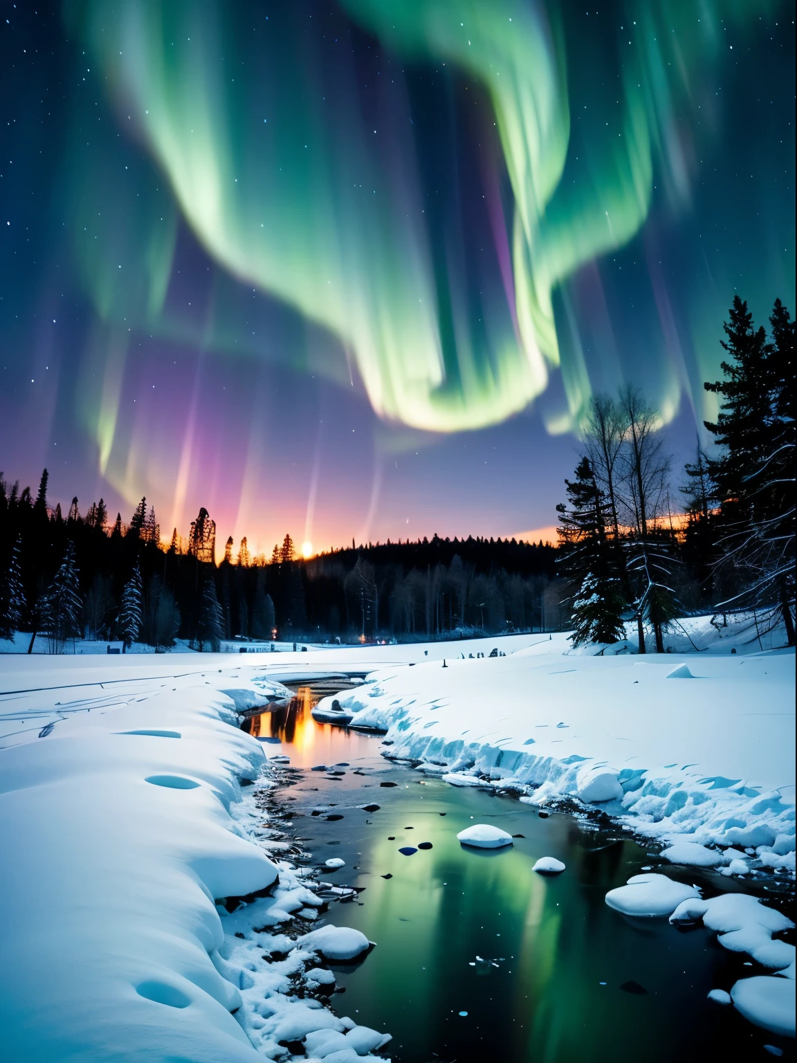 From below, ground level, a frozen lake, winter snowy landscape. Starry night, northern lights