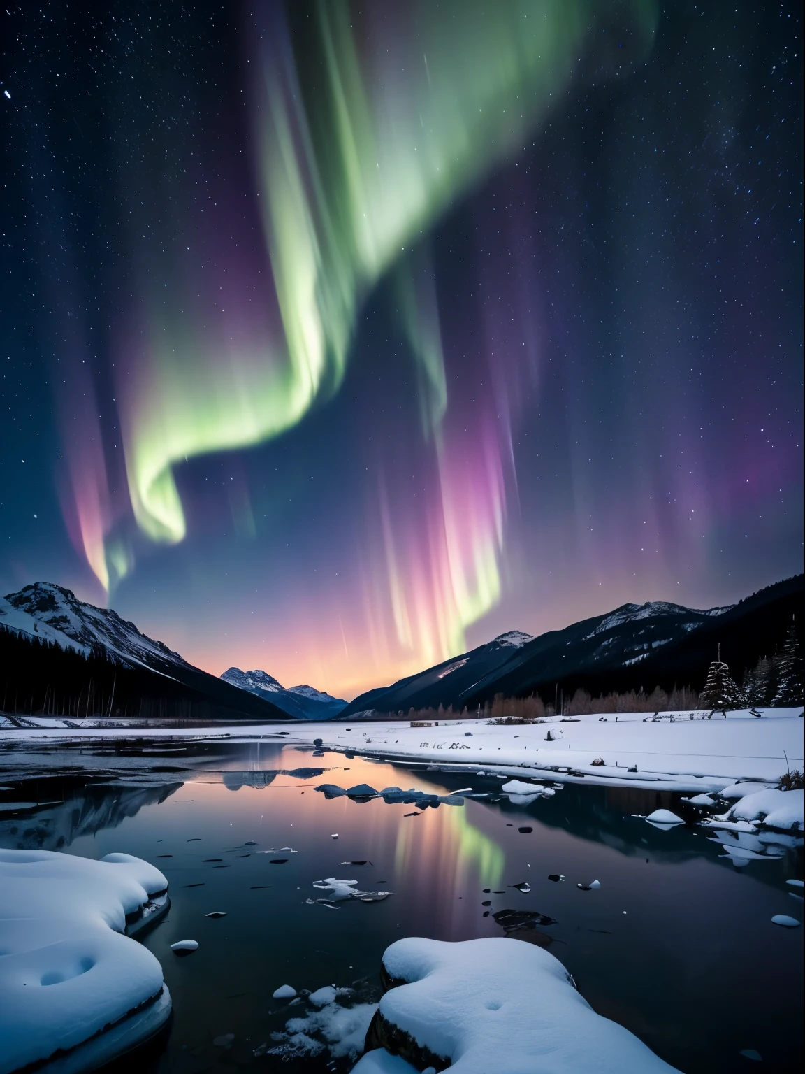 From below, ground level, the subject is a frozen lake, winter snowy landscape. Starry night, northern lights