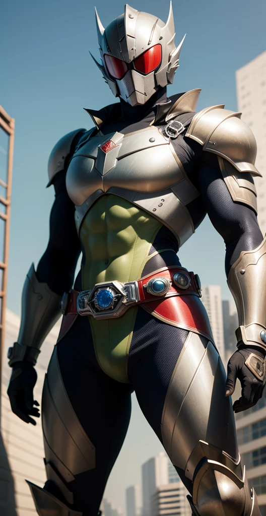 Kamen Rider，There is a deformation band at the waist，The finest details，Highest quality，The belt is more detailed，Big eyes，large belt，The surface of the body has thick metal armor，Very detailed strap，Delicate belt，Stand on the construction site，Red armor，blue colored eyes