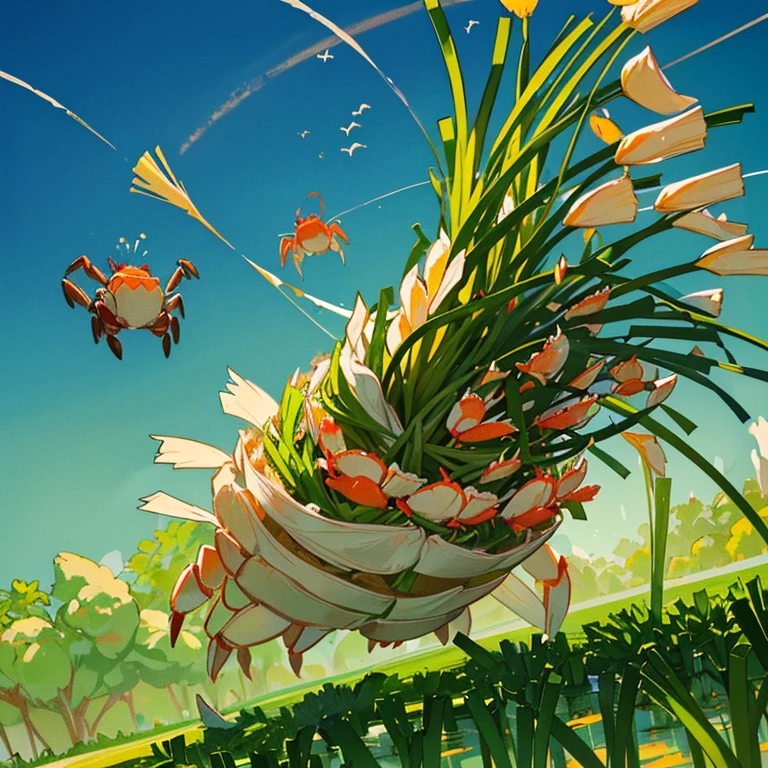 A mustard girl floats around with a parade of oversized fresh spring rolls.、Amazing dynamism、Amazing Angle、unstable buoyancy sandstorm、(((Many friendly oversized green onions floating and branching out)))、(((surround each other'bursting extra large crab)))