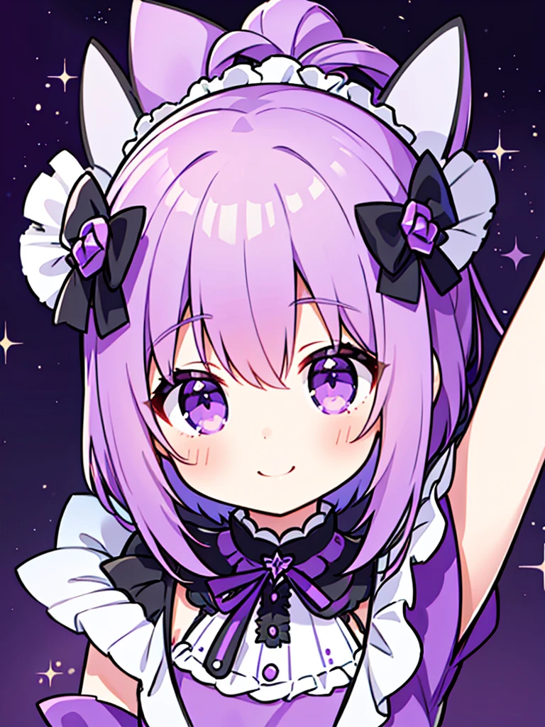 masterpiece, top-quality, 1girl in, shorth hair, , Purple hair、Purple eyes、Idol、cute purple dress、ハート型のkirakiraした目、a smile that charms you、kirakira.