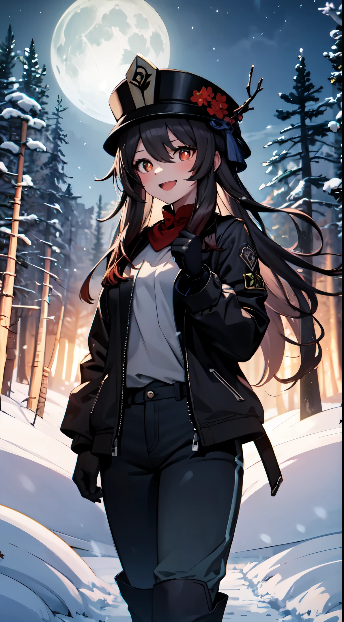 masutepiece, Ultra-detailed, Best Quality, best shadowing, 4K resolution, Dinamic Light, hight resolution, nature focus, focus of the sky, girl focus, Night theme, snow theme, snow biome, Anime style, Winters, forest, spruce forest, spruce Trees, Trees, a lot Trees, 1girl in, Solo, Beautiful Girl, Hu Tao chilling in middle forest, Standing, hand holding a lantern, blush, Smile, Open mouth, frost breathing, snow piles up on her body, Brown leather jacket, red scrap, hat, gloves, long black trousers, long boots, Beautiful sky, blue dark sky, Moon, small Moon, beautiful Moon, blue Moon, Aurora,beautiful Aurora, green and blue Aurora,(Top image quality)