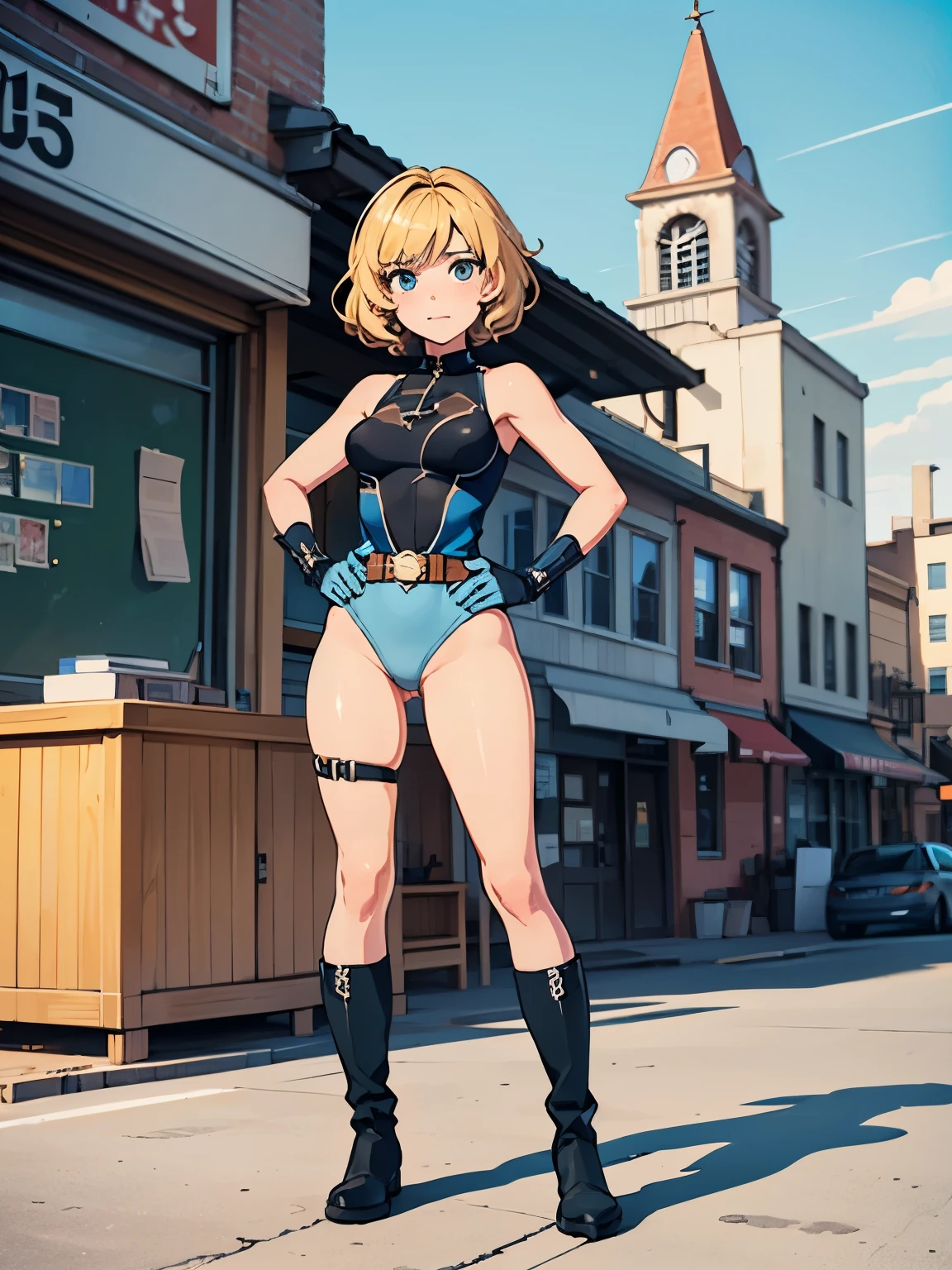 1girl, medium breasts, (leotard, highleg leotard, light blue leotard), (lighting bolt emblem on chest), bare legs, (tight belt), boots, matching boots, gloves, city backdrop, solo, single, hands on hip, standing, full body shot, cowboy shot, superhero, beautiful detailed eyes, power, diffraction spikes, blonde hair, short hair, wavy hair, high school backdrop, outdoors, mature lady, teacher, sleeveless