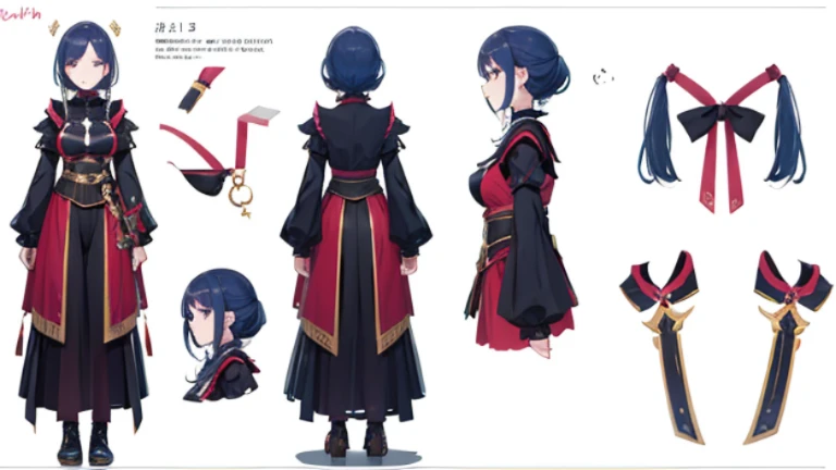 1 girl, three views, Character design, reference sheet