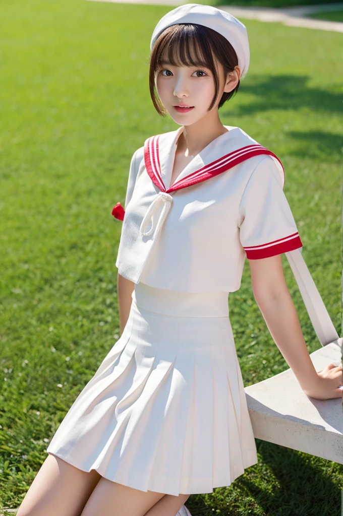 top-quality、​masterpiece、hight resolution、4K、real 18 year old woman、White sailor suit、Red pleated mini skirt　a park、Puku Face、Shorthair、1girl in、