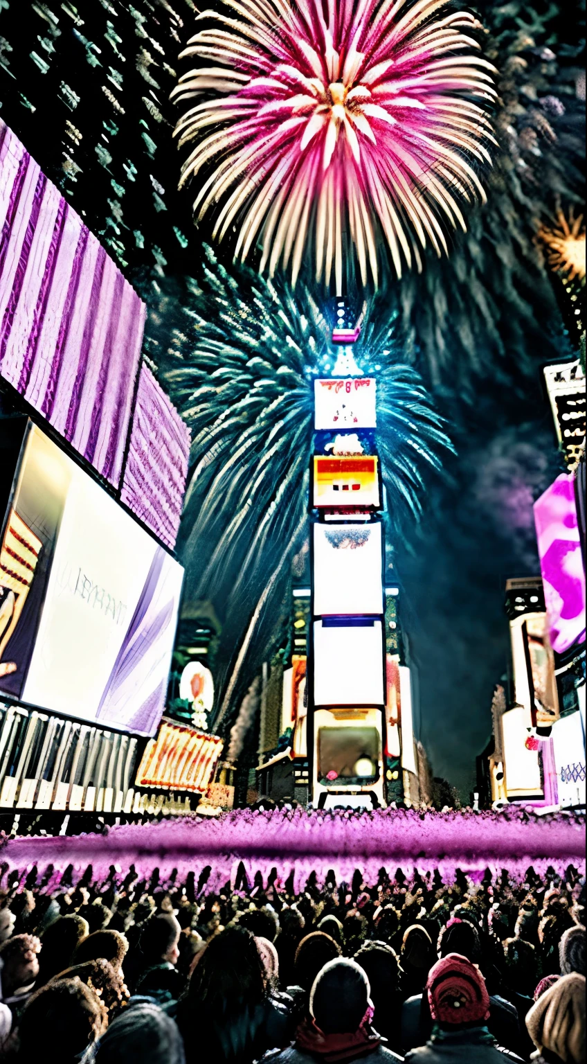 (Nochevieja, Times Square),festive ambiance,Celebration,Fireworks explosion, multitud animada, Bien and laughter, confeti de colores, Luces vibrantes,[chispeante] Ornamentos, musica alegre, [excitante] anticipation, energy hum, [deslumbrante] light show, [espectacular] Fireworks display, [reloj de cuenta regresiva], [animado] Juerguistas, [estelar] desfile, [elaborar] Decoraciones, [alegre] danza, [magnifica] horizonte, [estimulante] Momentos, [inolvidable] Recuerdos, [energetic] Asistentes a la fiesta, [Glamuroso] Trajes, [ecstatic] Celebrations, [unificado] Bien, [espectacular] ball drop, [incredible] ducha de confeti, [exuberante] ambiance, [Estallar] confetti cannons, [trueno] aplauso, [encantador] cielo nocturno, [inolvidable] Experiencia