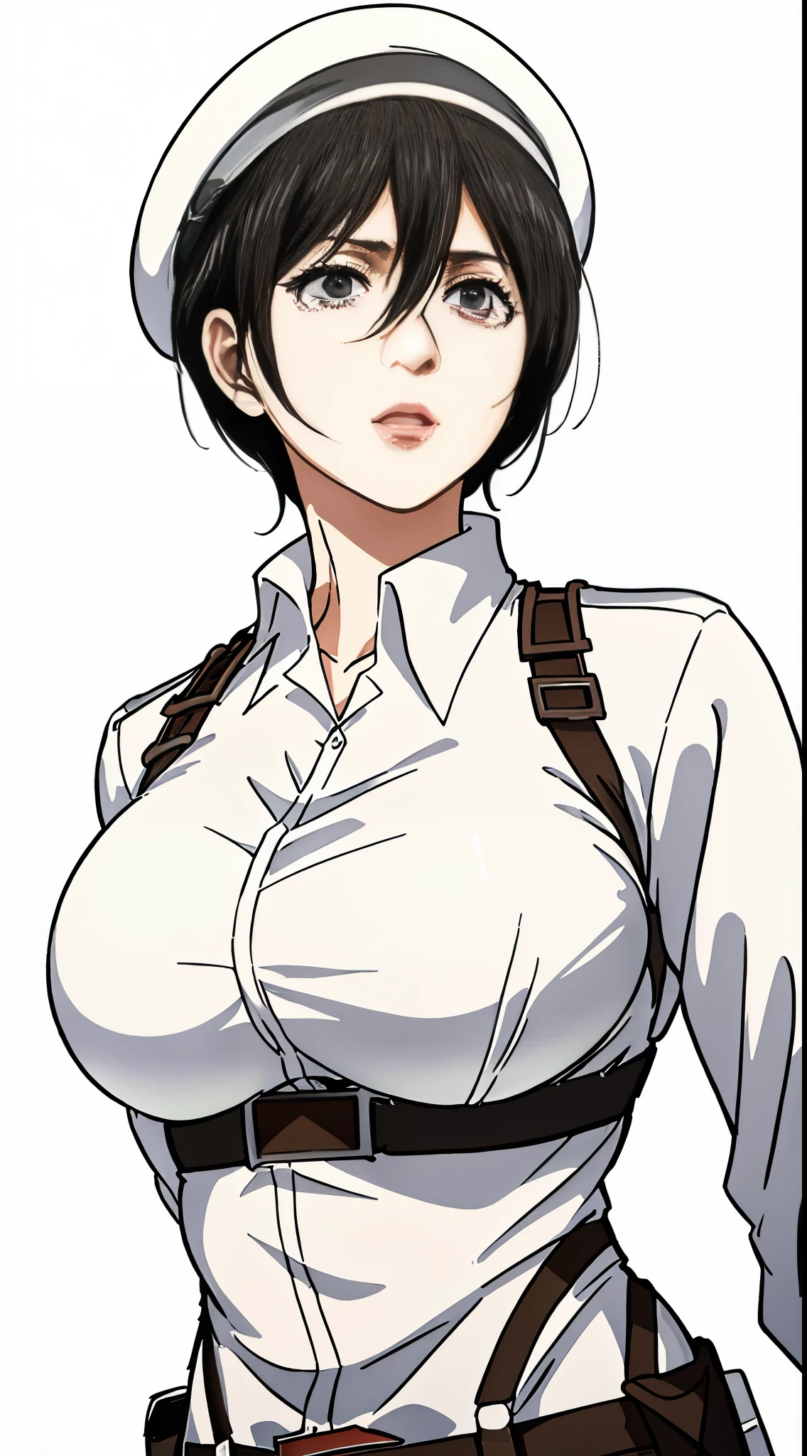 Mikasa Ackerman Mikasa Ackerman | Attack on Titan | Mappa, large breasts, white background ,white headwear, collared shirt, white shirt, expressive eyes, innocent happy look,red lips, seductive ,(Beautiful,large_Breasts:1.4)