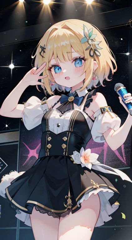 masterpiece, best quality, detailed face,(ultra hi res:1.2),(illustration:1.3),(game cg:1.2),(official concept art: 1.2),
(1girl:1.5),
kawaii,
(crowd:1.2),
BREAK
(wearing detailed jewelry dress:1.2) and (jewelry:1.2) and (frills:1.2),
(midlle breasts:1.1) ,
(slender),
(cdy:1.1),(suisei:1.1),
<lora:suiseicos_V2:0.8>,
singing,
(stage,Spotlight:1.2),
holding 1 microphone,
BREAK
<lora:add_detail:0.5>
(small breasts:1.1),
grey eyes,
short cut hair,
cat hat,
blunt bangs,
yellow hair,
(nsfw:1.2),(open clothes:1),(detailed nipple1.2),
