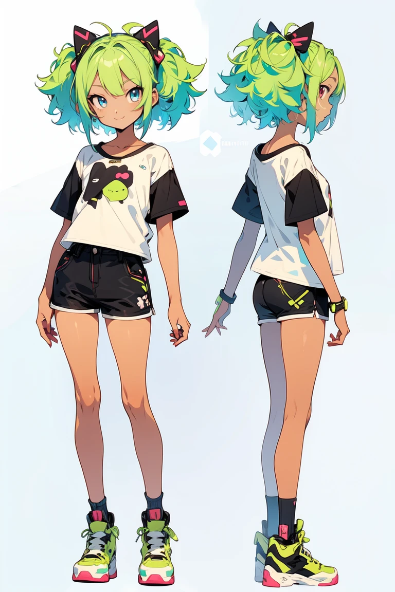 1 Solo girl, anime illustration, refsheet, turnaround, girl, anime styled, character design, 2d, oversized tshirt and shorts, black and gray, light skin, green hair, blue eyeackground