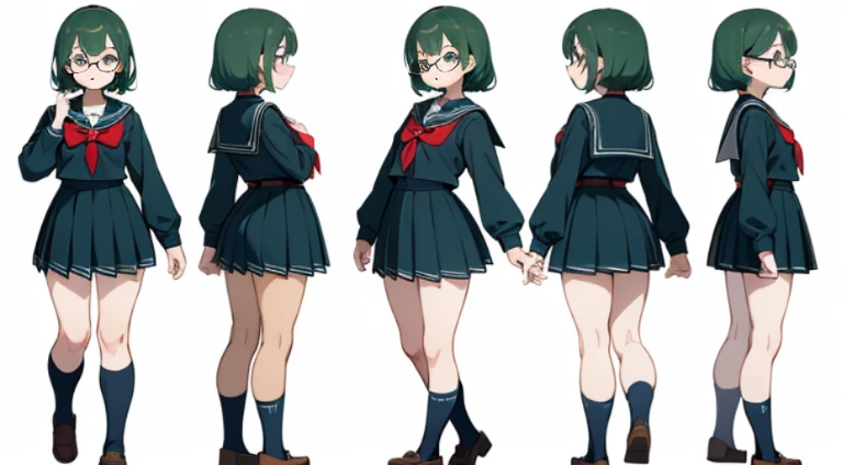 ((Masterpiece, Highest Quality)), Detailed Face, Character Sheet, full - body, Full of Details, multiple poss and expressions, Highly detailed, depth, many details, 1girl, school uniform, Seifuku, sailor uniform, long sleeves, green hair, short, flat chest, wide hips, thick-thighs, blusher, eyeglasses