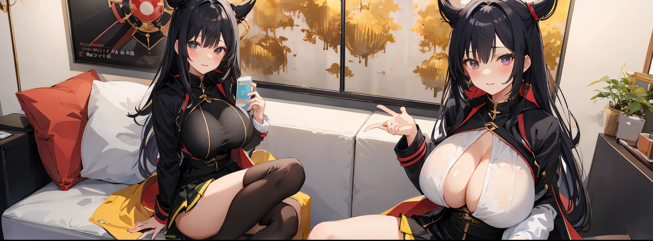 anime girl with a very large breast and a very long black hair, nime girl, by Shitao, Best Anime 4K、((coat))、((Golden screen))、(kunoichi)、(a miniskirt)、thigh-high socks、(((Love)))