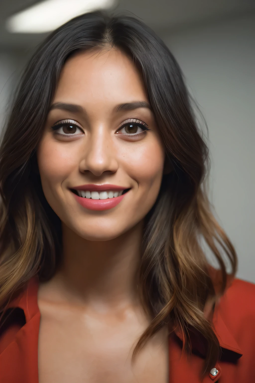 (close-up, editorial photograph of a 30 year old woman), (highly detailed face:1.4) (smile:0.7) (background inside light, private office:1.OV, by lee jeffries, nikon d850, film stock photograph ,4 kodak portra 400 ,camera f1.6 lens ,rich colors ,hyper realistic ,lifelike texture, day lighting , cinestill 800