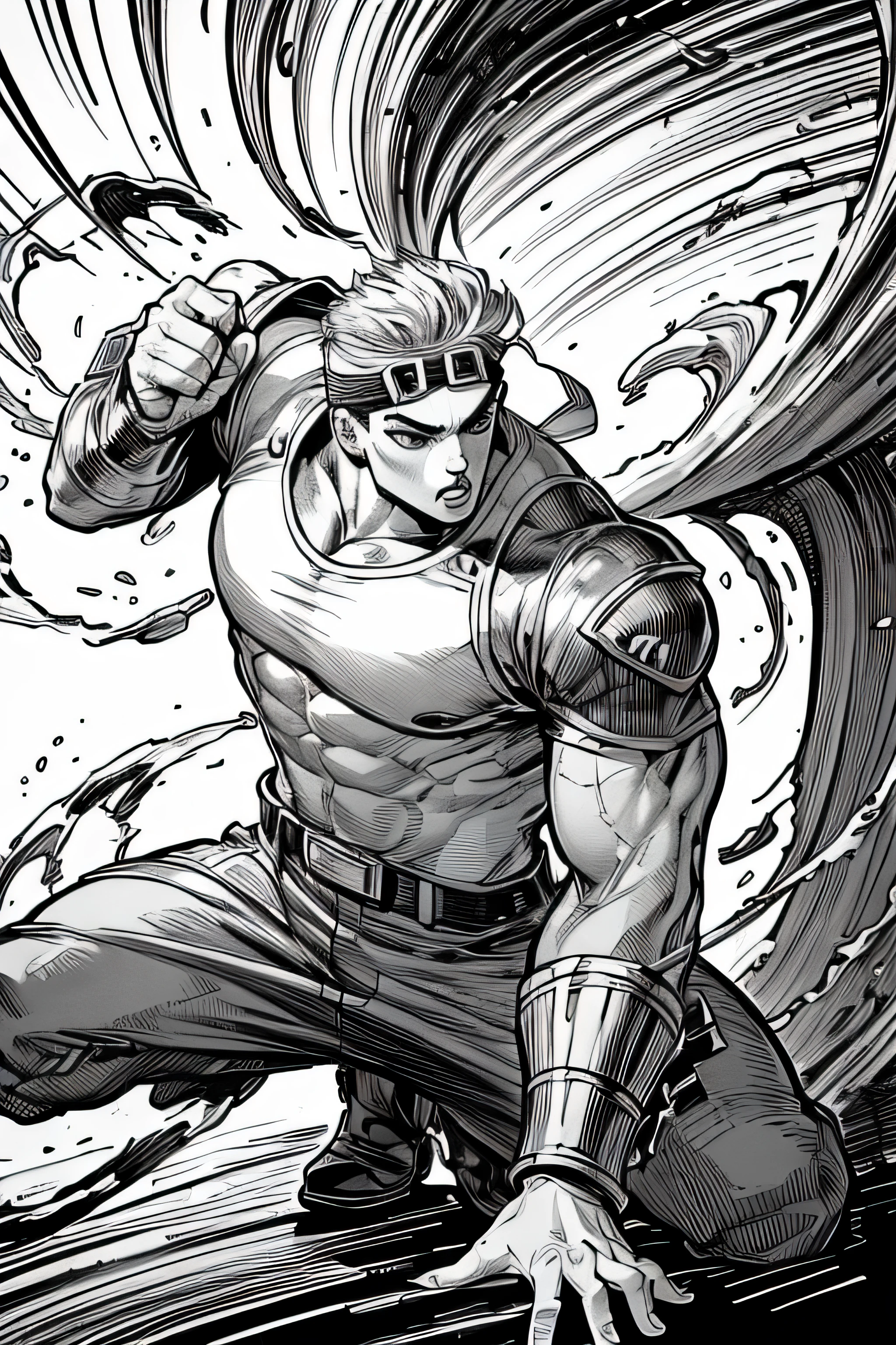 (masterpiece, best quality,jojo:1.3), (1man), fighting, ToonShading, bold outlines,(manga influence:1.3), clean linework, striking visuals,(colorful)
